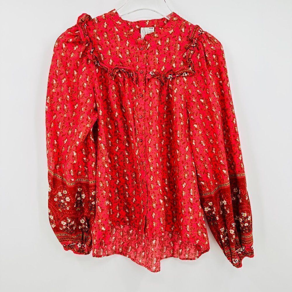 Joie Size Medium Pink Ruffled Long Sleeve Printed Button Down Blouse Top